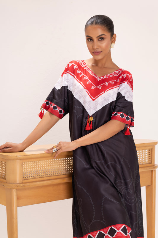 BLACK BANDHANI PRINT NECK KURTA SET