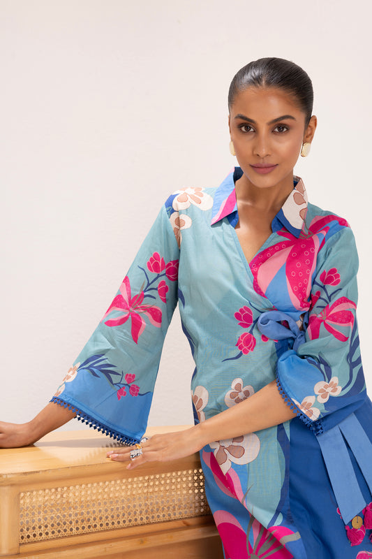Shades of Blue Floral Printed Wrap Set