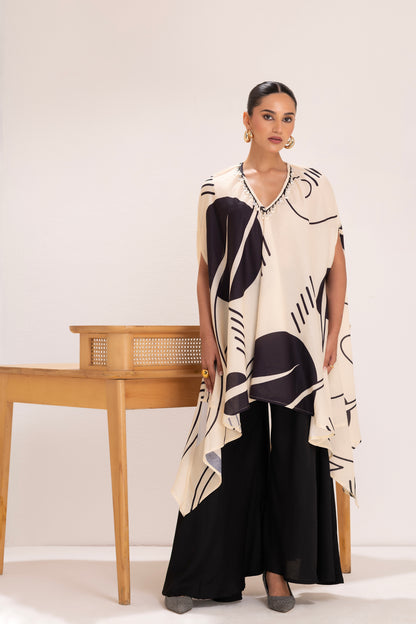 BLACK AND CREAM ABSTRACT PRINT TUNIC SET