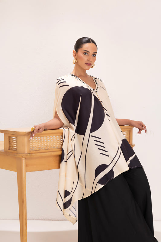 BLACK AND CREAM ABSTRACT PRINT TUNIC SET