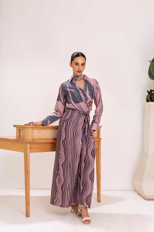 Mauve Grey Abstract Print Shirt and Knot Skirt Set