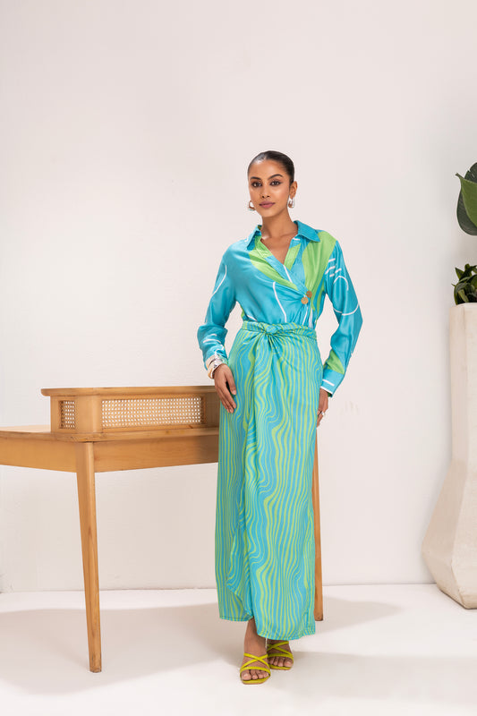 Sky And Lime Printed Shirt and Knot Skirt Set