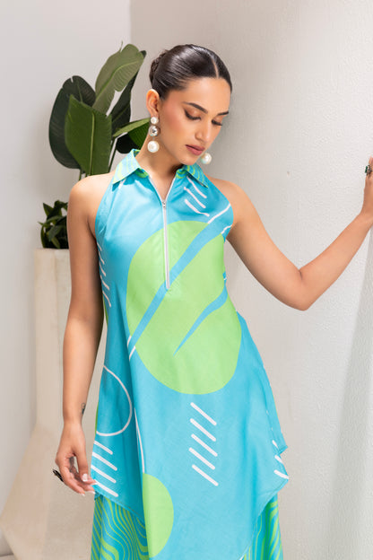 SKY AND LIME ABSTRACT PRINT TUNIC SET