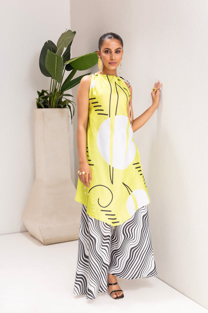 LIME AND WHITE ABSTRACT PRINT TUNIC SET