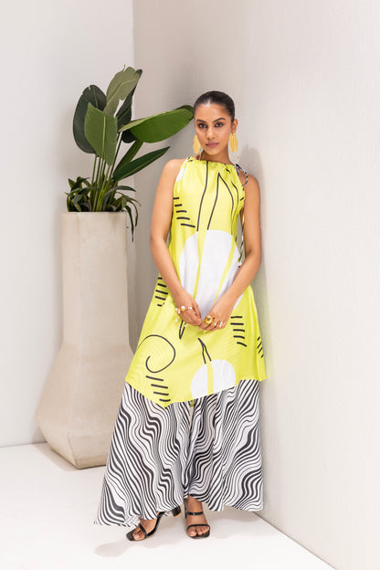 LIME AND WHITE ABSTRACT PRINT TUNIC SET
