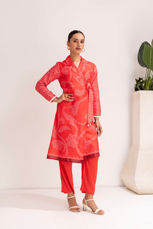 RED PRINTED TRENCH STYLE TUNIC SET
