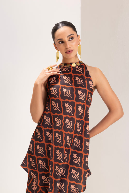 Brown Motif Print Halter Tunic Set