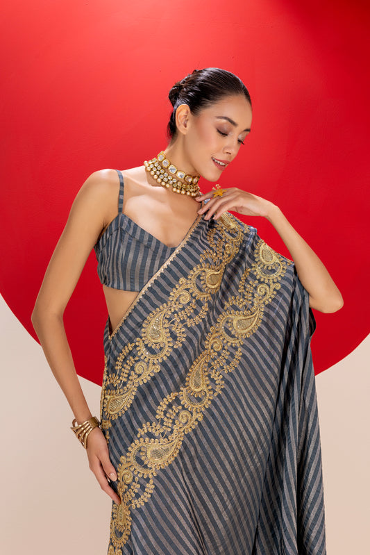 STONE GREY GOLD FUSION SAREE DRESS