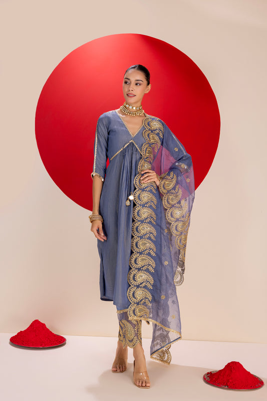 Midnight and Gold Tissue Embroidered Suit Set