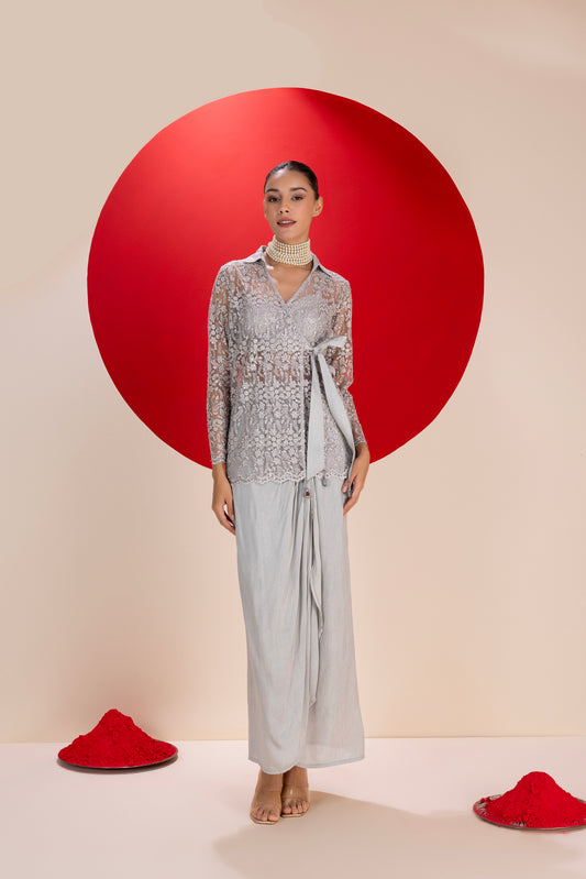 Metallic Grey Dhoti Skirt Fusion Set