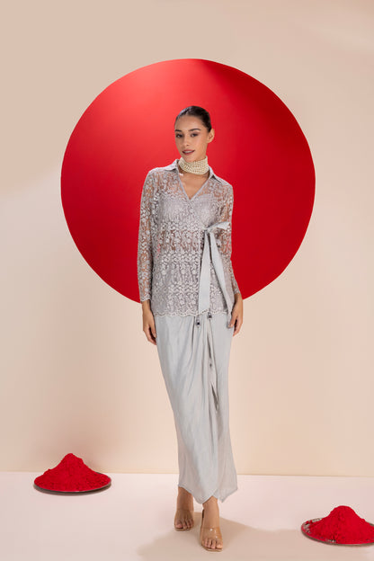 Metallic Grey Dhoti Skirt Fusion Set