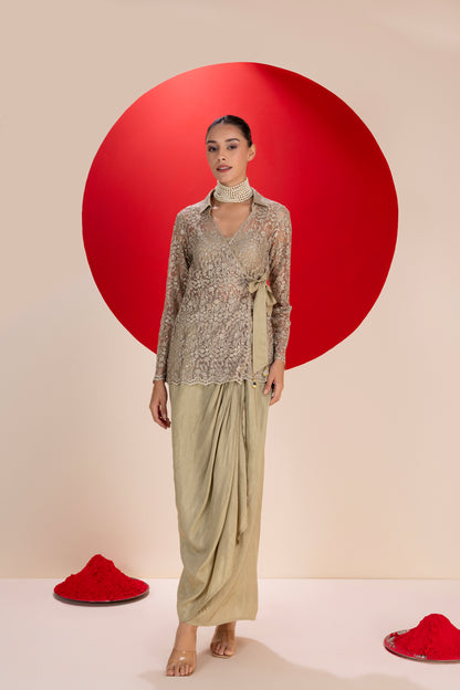 Olivine Wrap Dhoti Skirt Fusion Set