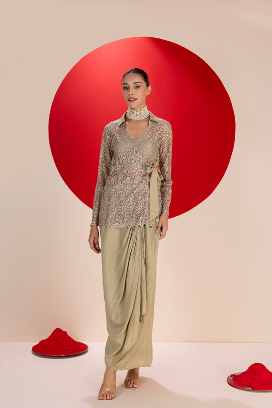 Olivine Wrap Dhoti Skirt Fusion Set