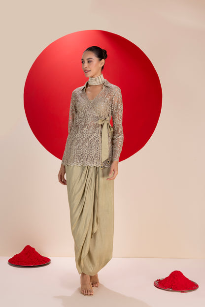 Olivine Wrap Dhoti Skirt Fusion Set