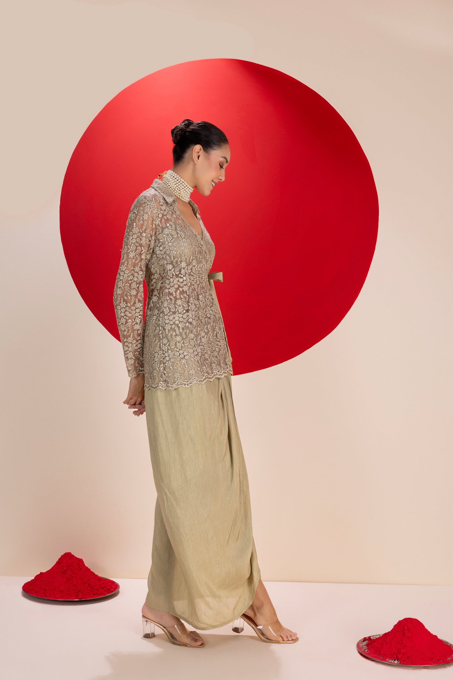Olivine Wrap Dhoti Skirt Fusion Set