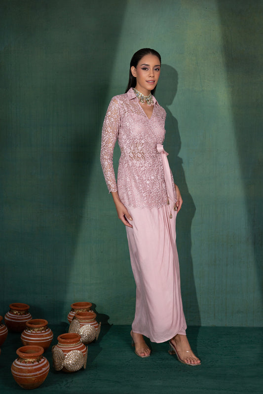Metalllic Pink Wrap Dhoti Skirt Fusion Set