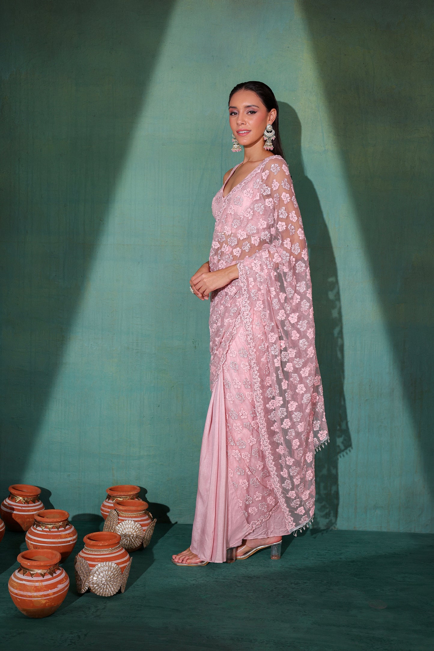 Baby Pink Pre Draped Net Saree