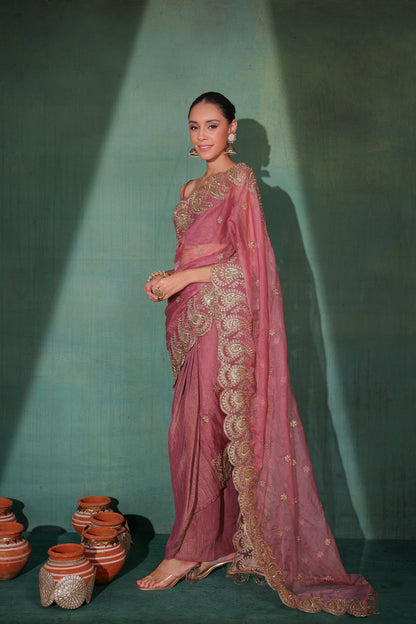Deep Rose Gold Pre Draped Tissue Silk Dhoti Saree