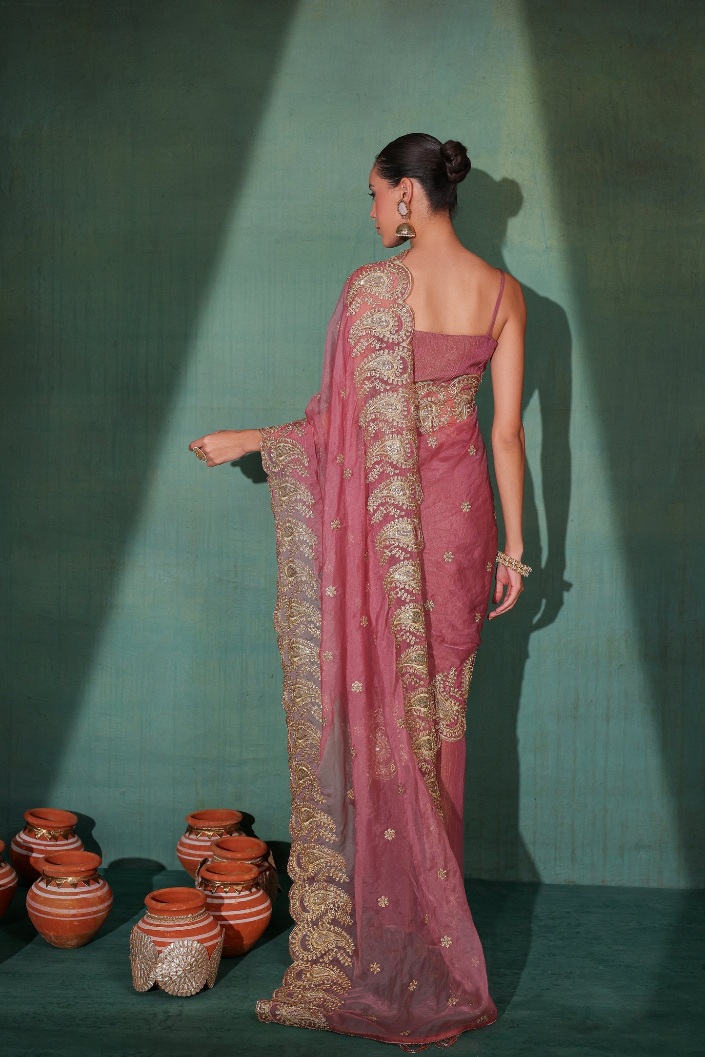 Deep Rose Gold Pre Draped Tissue Silk Dhoti Saree