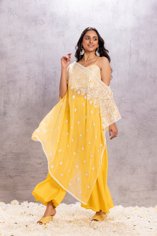 YELLOW EMBROIDERED SAREE STYLE KAFTAN SET