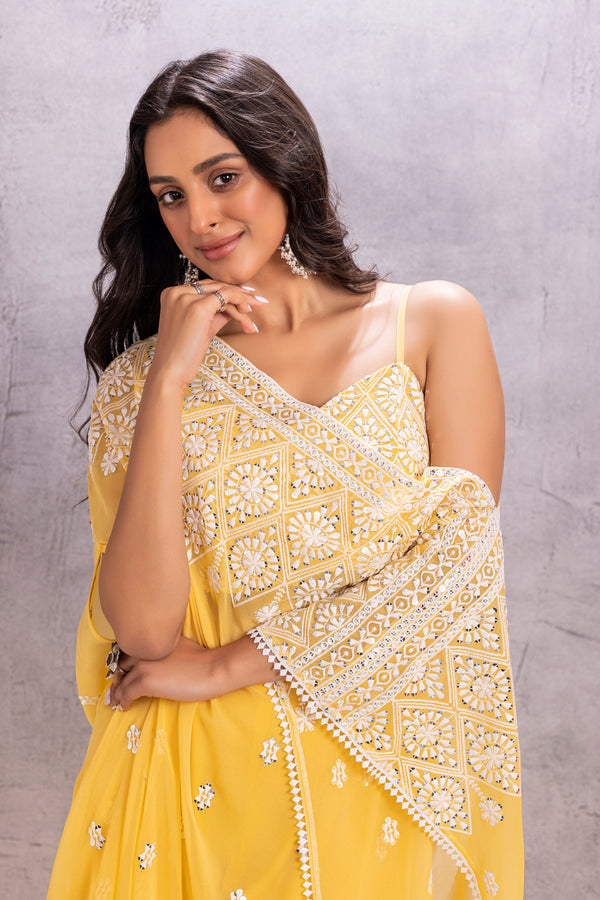 YELLOW EMBROIDERED SAREE STYLE KAFTAN SET