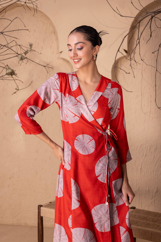 RUST ABSTRACT PRINT WRAP KURTA SET