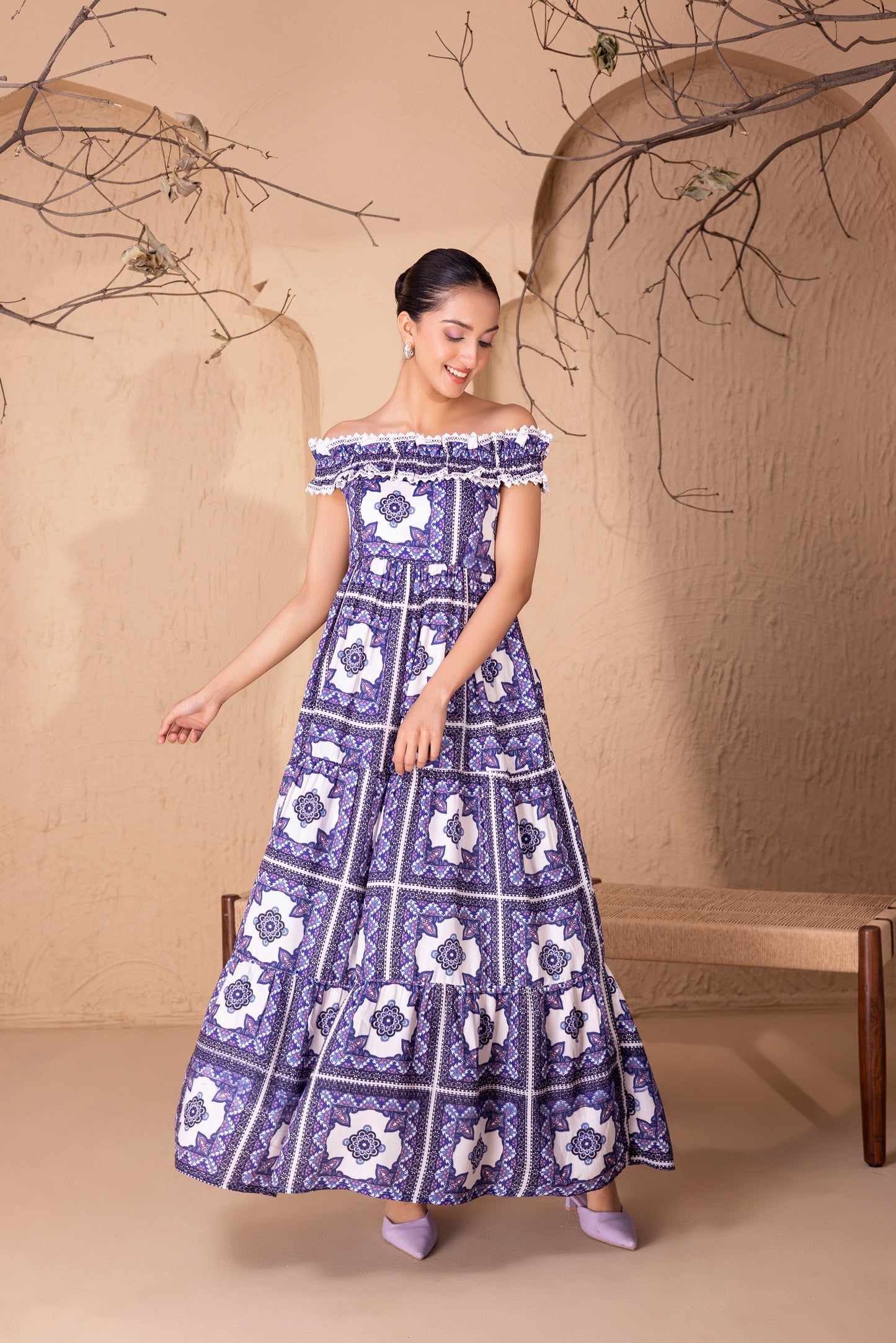 BLUE MOROCCON TIERED DRESS