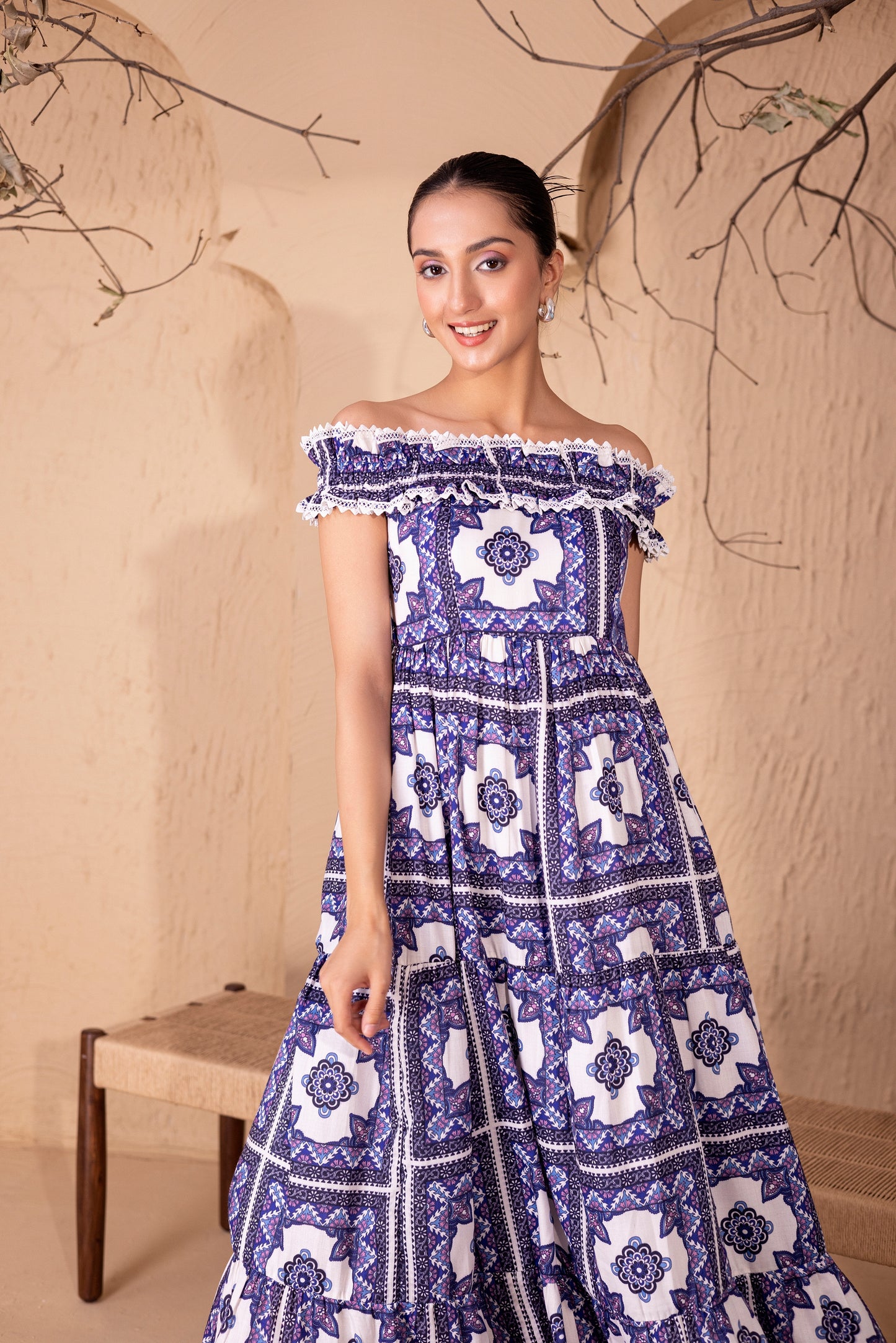 BLUE MOROCCON TIERED DRESS