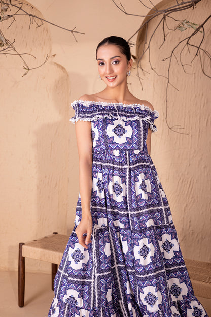 BLUE MOROCCON TIERED DRESS