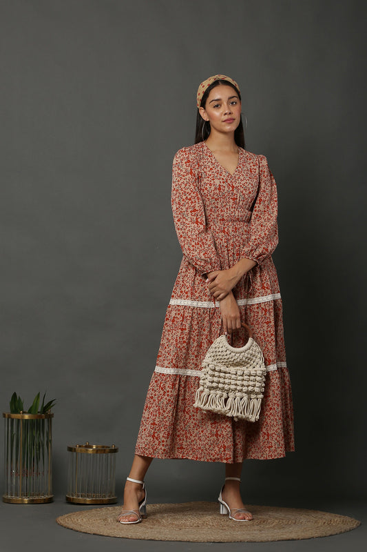 Coral Floral Tiered Maxi dress