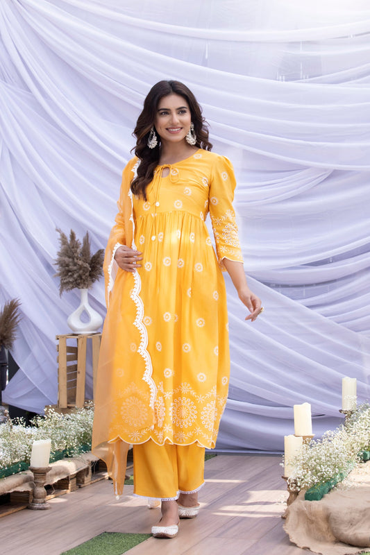 Sunflower Suit Set with Organza Dupatta
