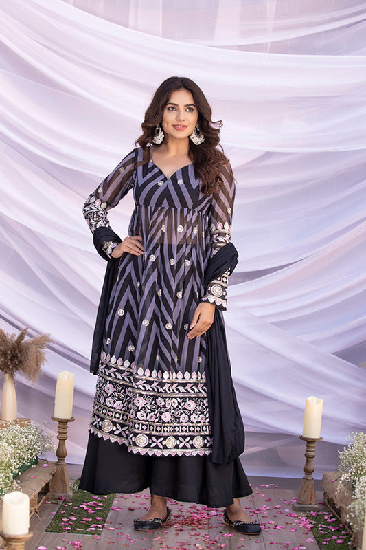 Black Aztec Print Embroidered Flared Suit Set
