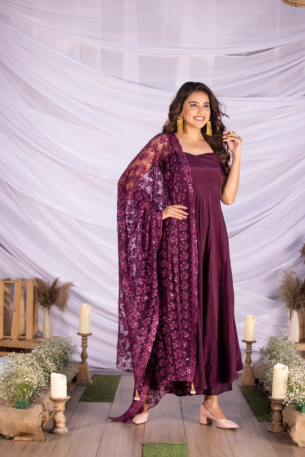 Wine Halter Suit Set with Embroidered Dupatta