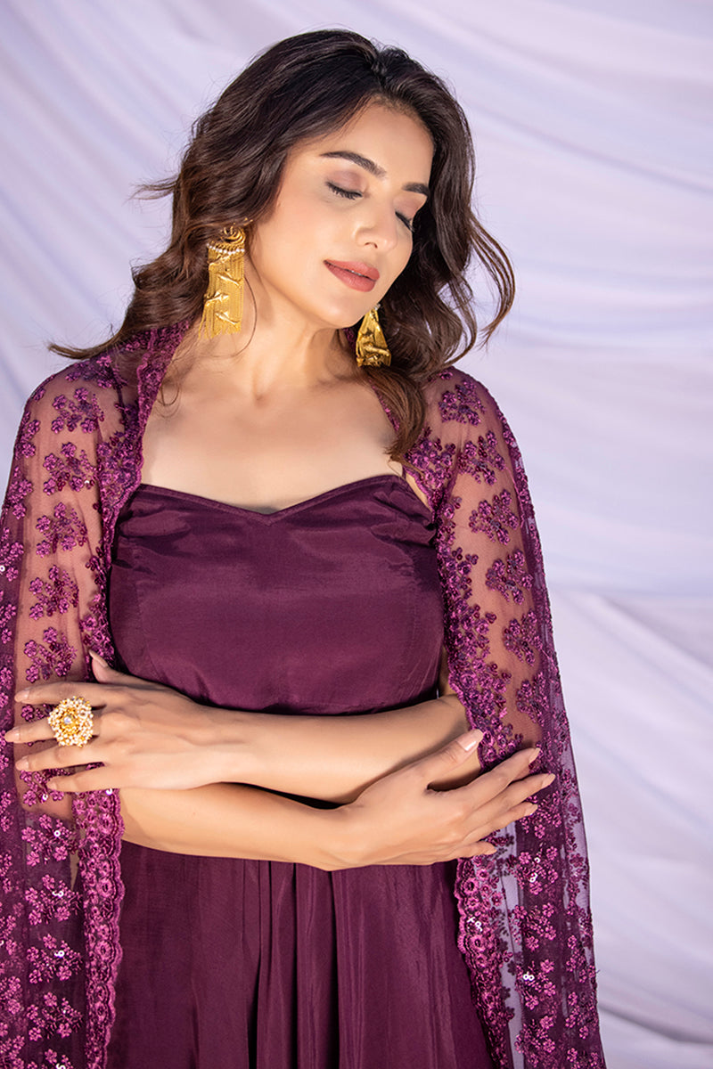 Wine Halter Suit Set with Embroidered Dupatta