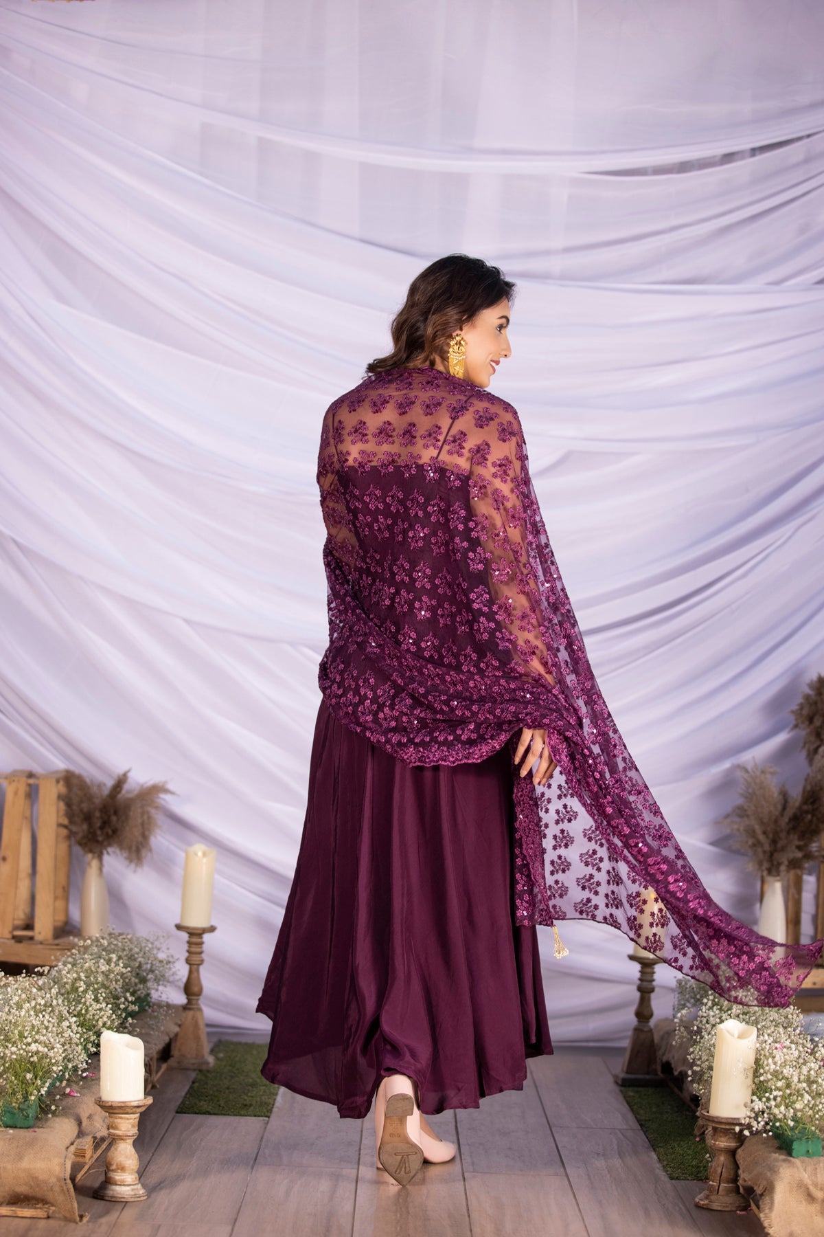 Wine Halter Suit Set with Embroidered Dupatta