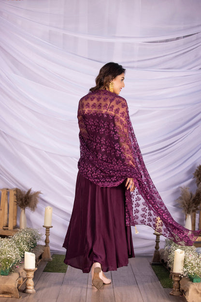 Wine Halter Suit Set with Embroidered Dupatta