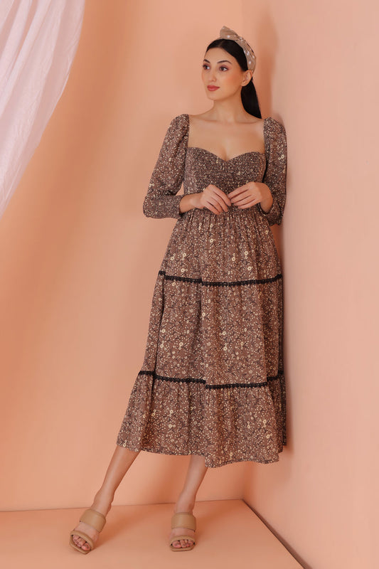 Brown Floral Print Midi Dress