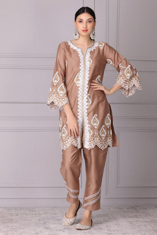 Almond Gold and White Embroidered Kurta Set