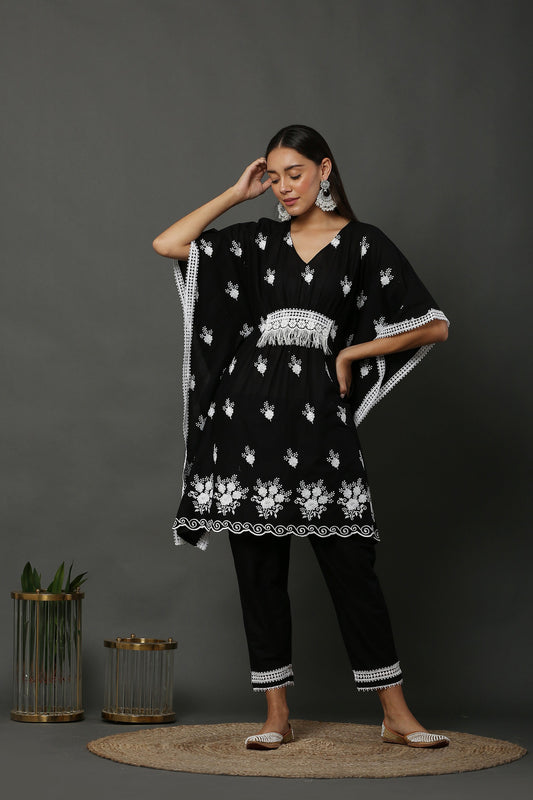 Black Scallop Embroidered Kaftan Set
