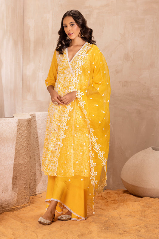 Yellow Embroidered Wrap Kurta Set with organza dupatta