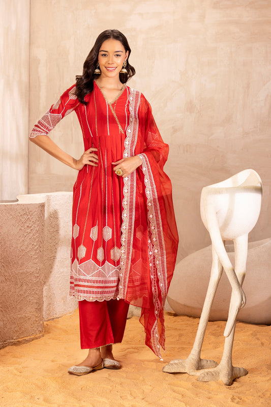 RED Crystal Suit SET WITH ORGANZA DUPATTA