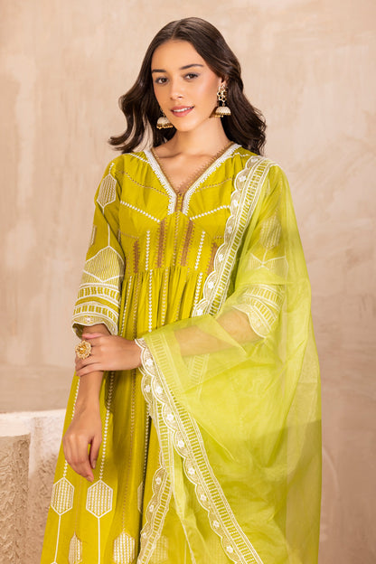 LIME CRYSTAL SUIT SET WITH ORGANZA DUPATTA