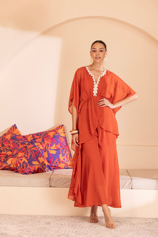 RUST SHELL EMBELISHED KAFTAN ENSEMBLE