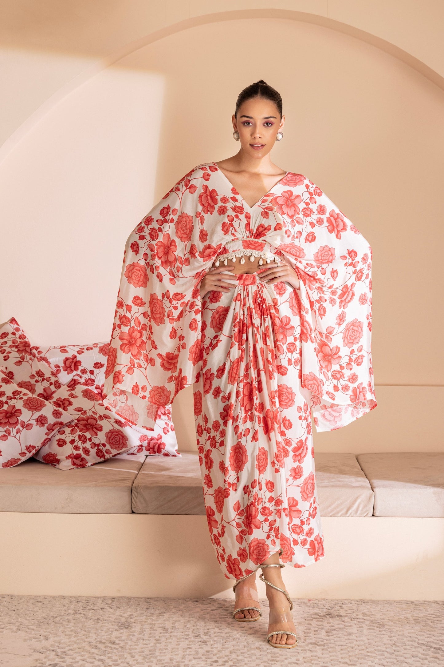 Red Floral Printed Crop Top and Skirt Set