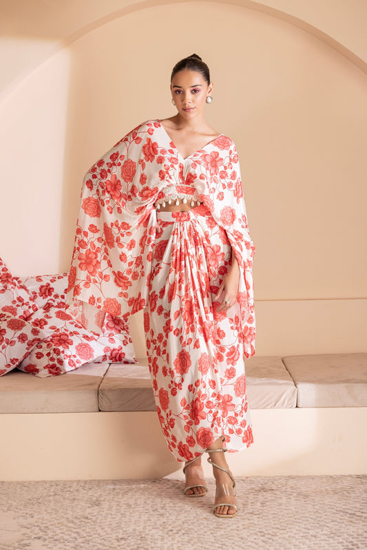 Red Floral Printed Crop Top and Skirt Set