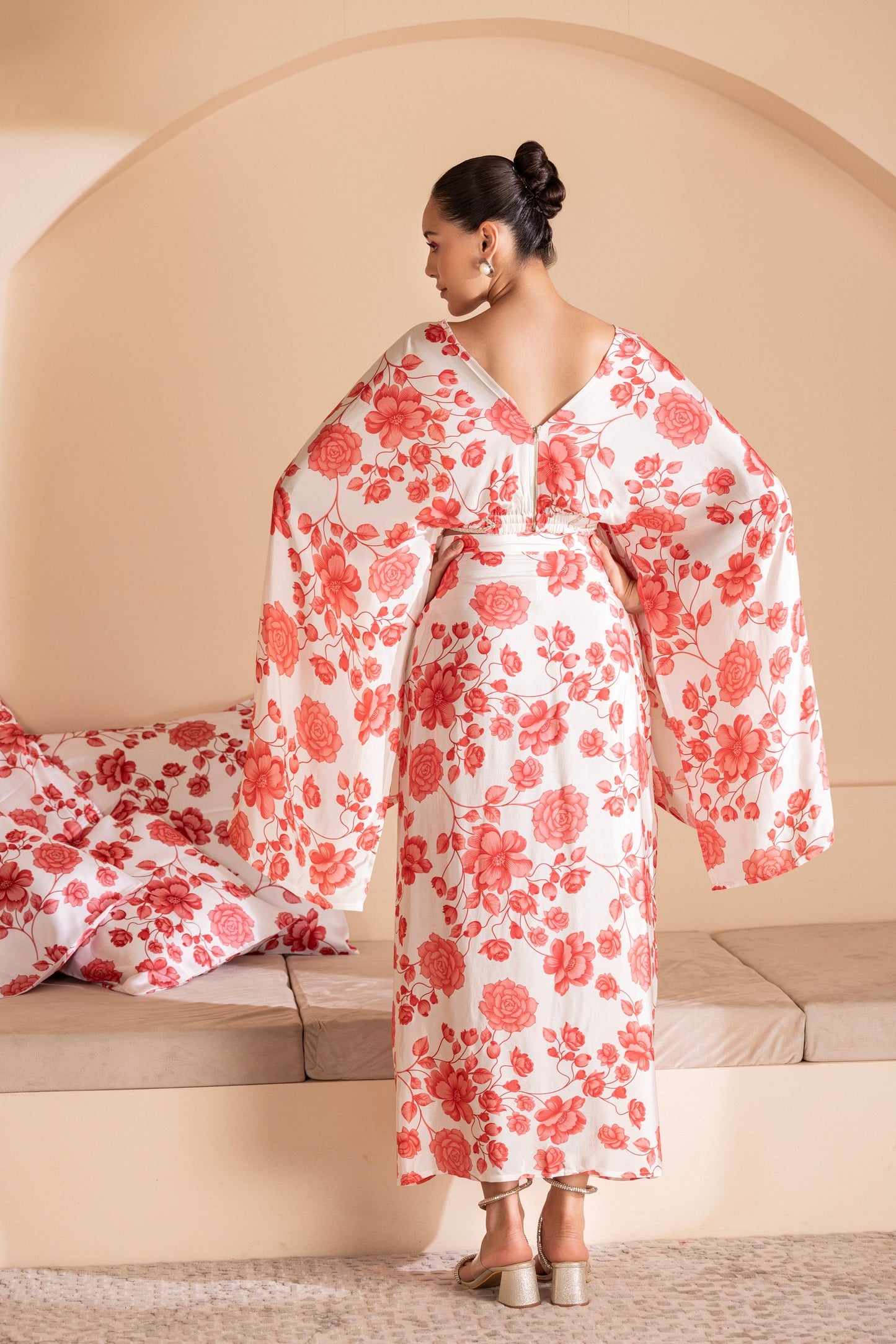 Red Floral Printed Crop Top and Skirt Set