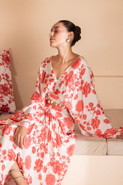 Red Floral Printed Crop Top and Skirt Set