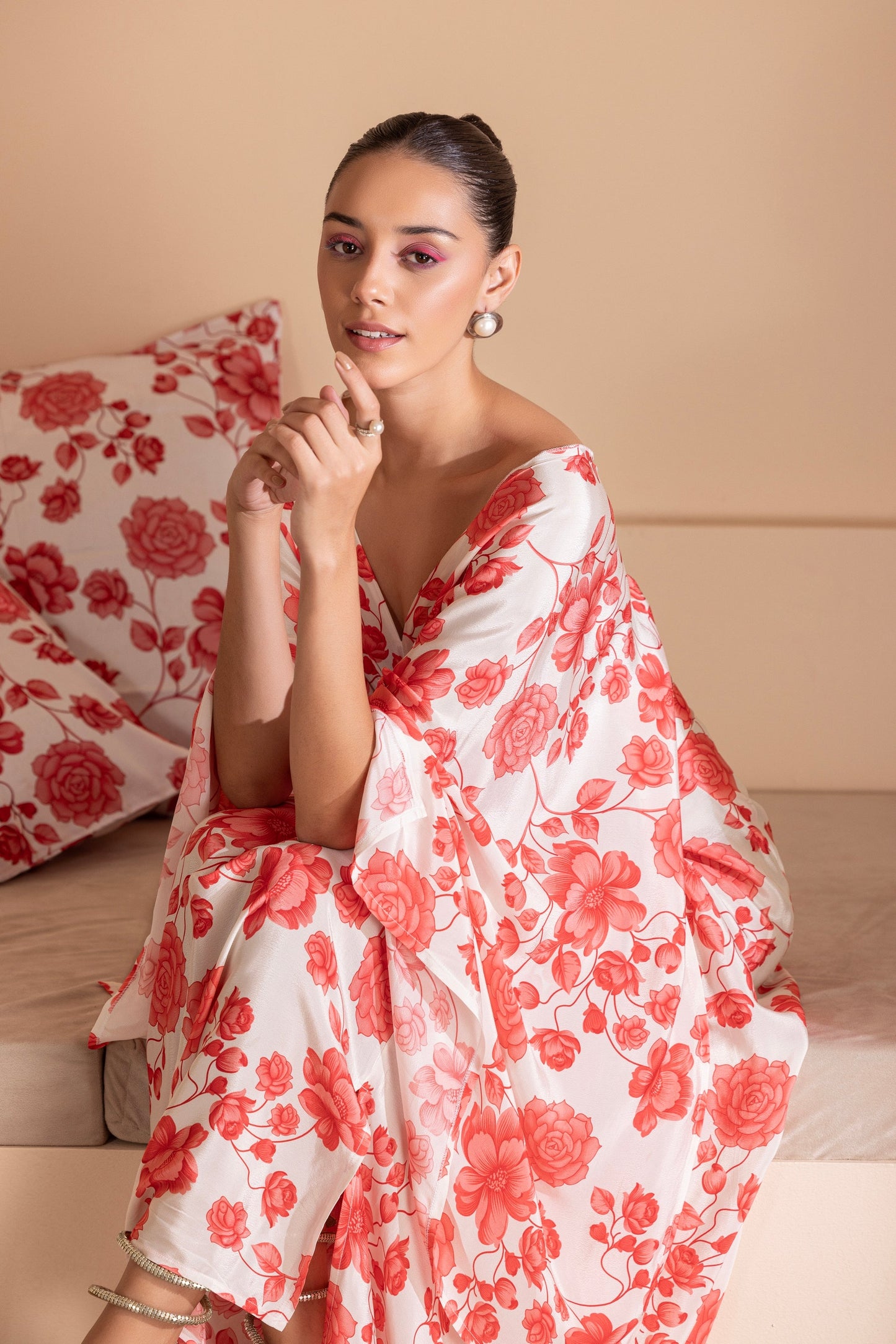Red Floral Printed Crop Top and Skirt Set