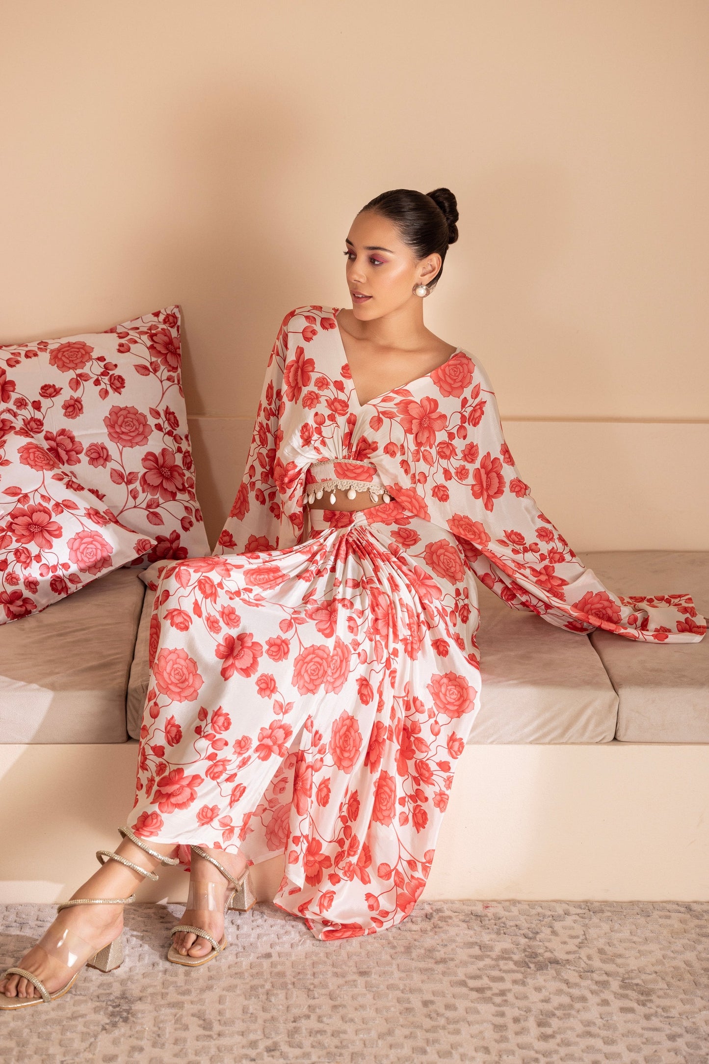 Red Floral Printed Crop Top and Skirt Set