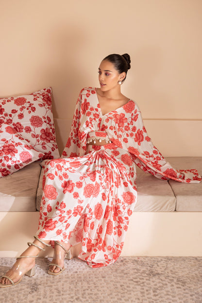 Red Floral Printed Crop Top and Skirt Set
